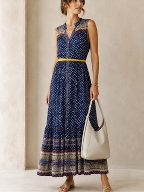 Sea New York Silk Button Front Maxi Dress Elastic Waist Sleeveless Boho Belted